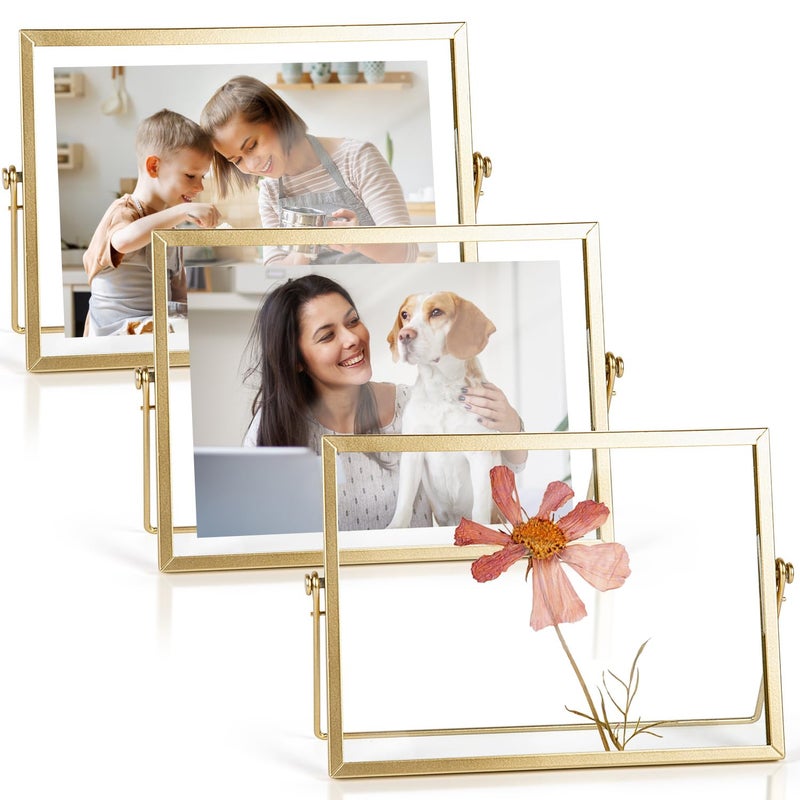 AceList 6x8 Picture Frame Set of 3 for 4x6 Picture - Gold Metal Floating Photo Frame with Glass Cover - 6x8 Frame Gold Picture Frame - Floating Frame for Tabletop Display Horizontally - Image 1